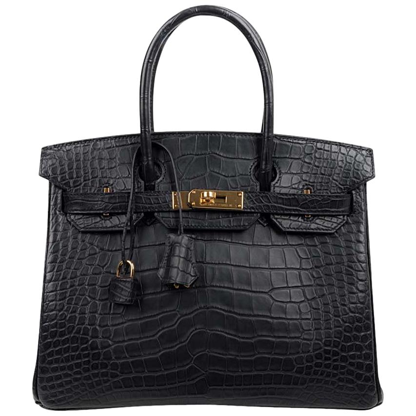 Hermes Birkin 30 Bag Black Matte Alligator Gold Hardware