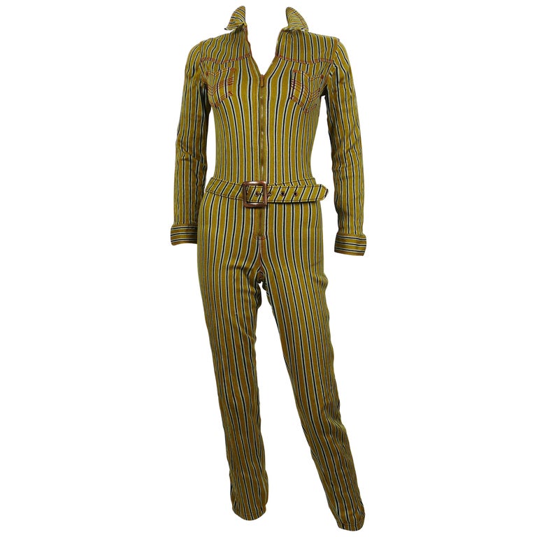 Jean Paul Gaultier Vintage Striped Zip-Front Utility Jumpsuit For Sale