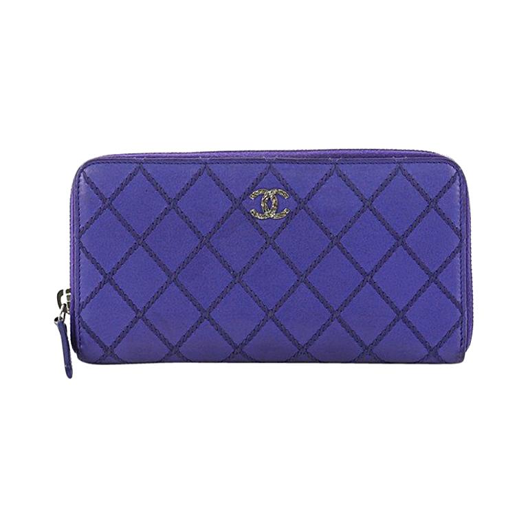 Chanel Double Stitch Zip Around Wallet Quilted Lambskin Long at