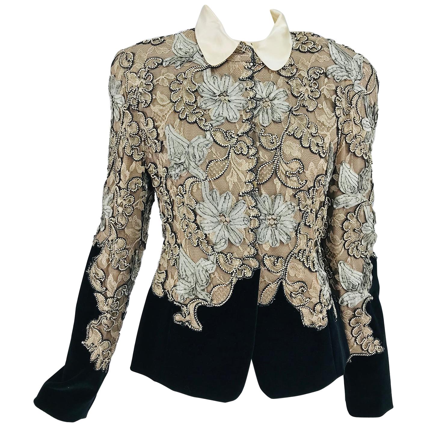 Krizia Black Velvet and Cream Lace Applique Jacket For Sale at 1stDibs cream lace jacket