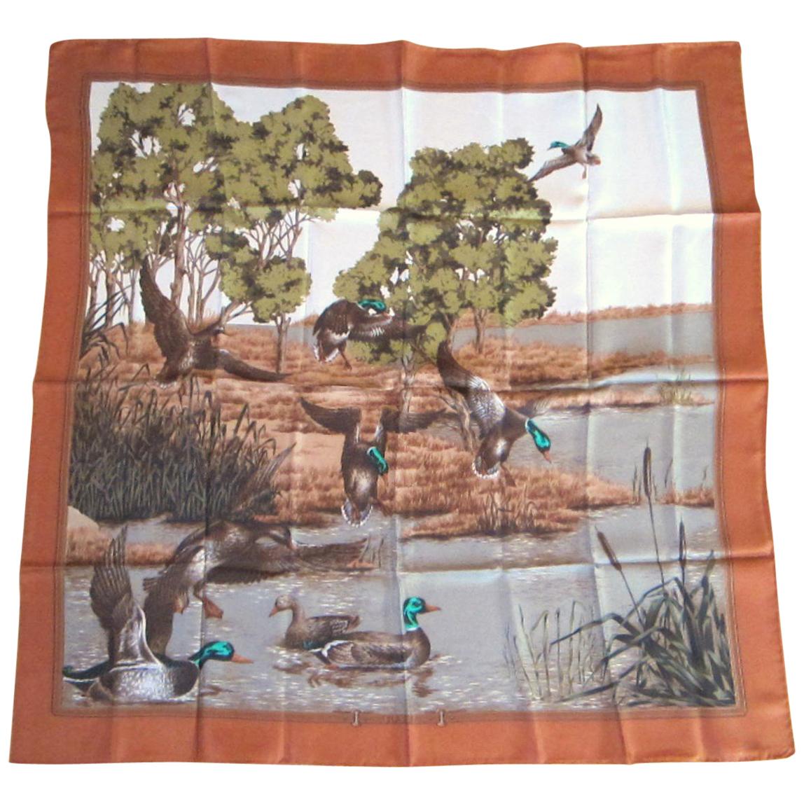 Gucci Silk Scarf Mallard Duck Lake Scene New, Never worn 1990s