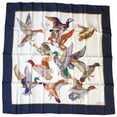 Retro Gucci Silk Scarf Mallard Bird Flying Motif Blue Border New, Never worn