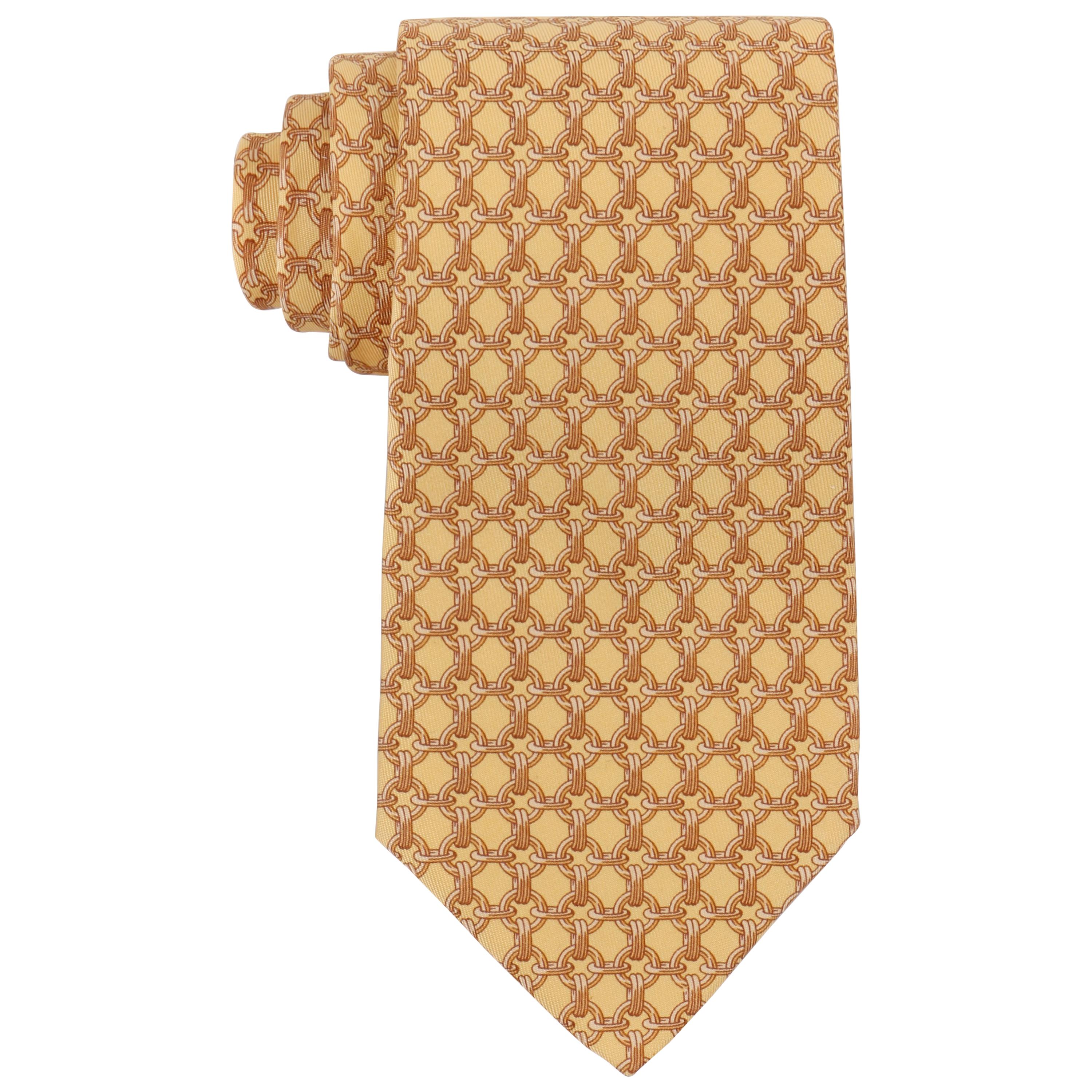 HERMES Butter Yellow Chain Link Print 5 Fold Silk Necktie Tie 59 EA