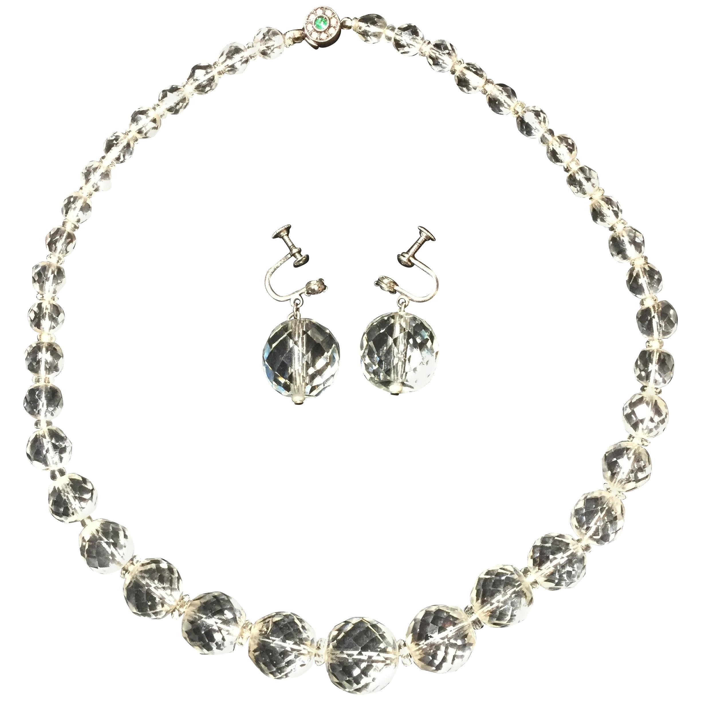 Edwardian Cut Lead Crystal Bead Choker Necklace & Sterling Earrings Circa 1905 im Angebot