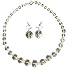 Antique Edwardian Cut Lead Crystal Bead Choker Necklace & Sterling Earrings Circa 1905