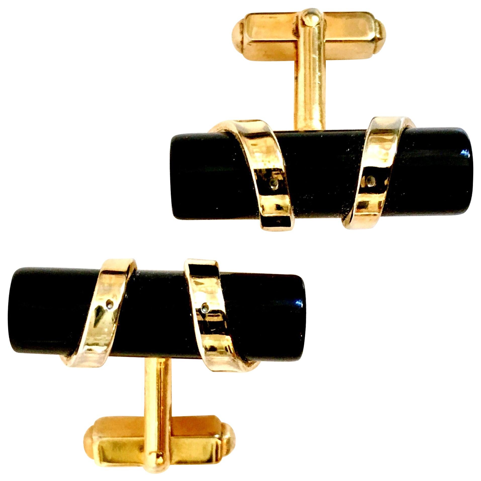 50'S Pair Of Art Deco Style Onyx & 12K Gold Cuff Links By, Anson