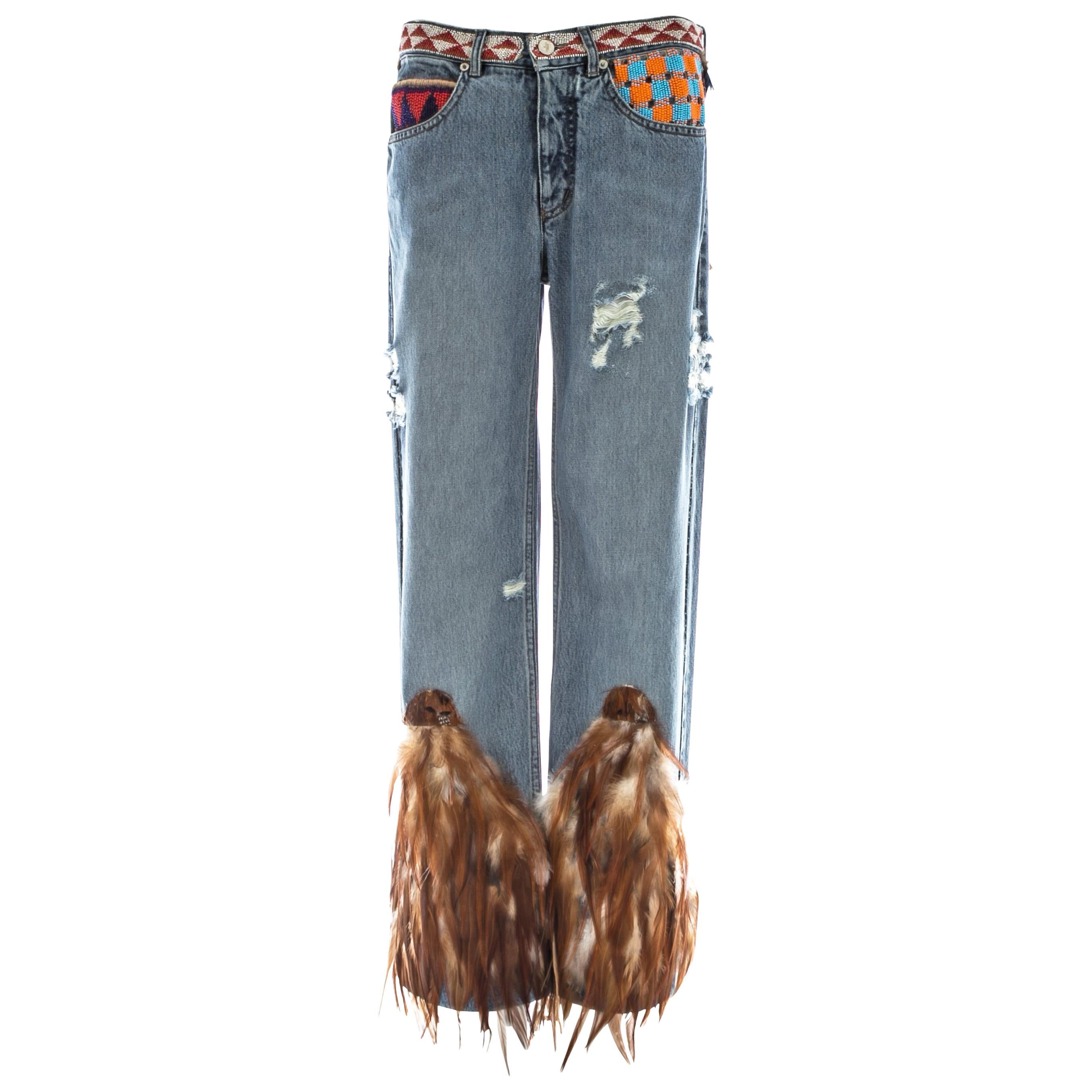 Gucci by Tom Ford blue denim beaded jeans with feathers, ss 1999