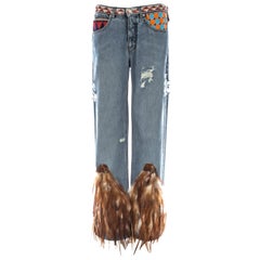 Gucci by Tom Ford blue denim beaded jeans with feathers, ss 1999