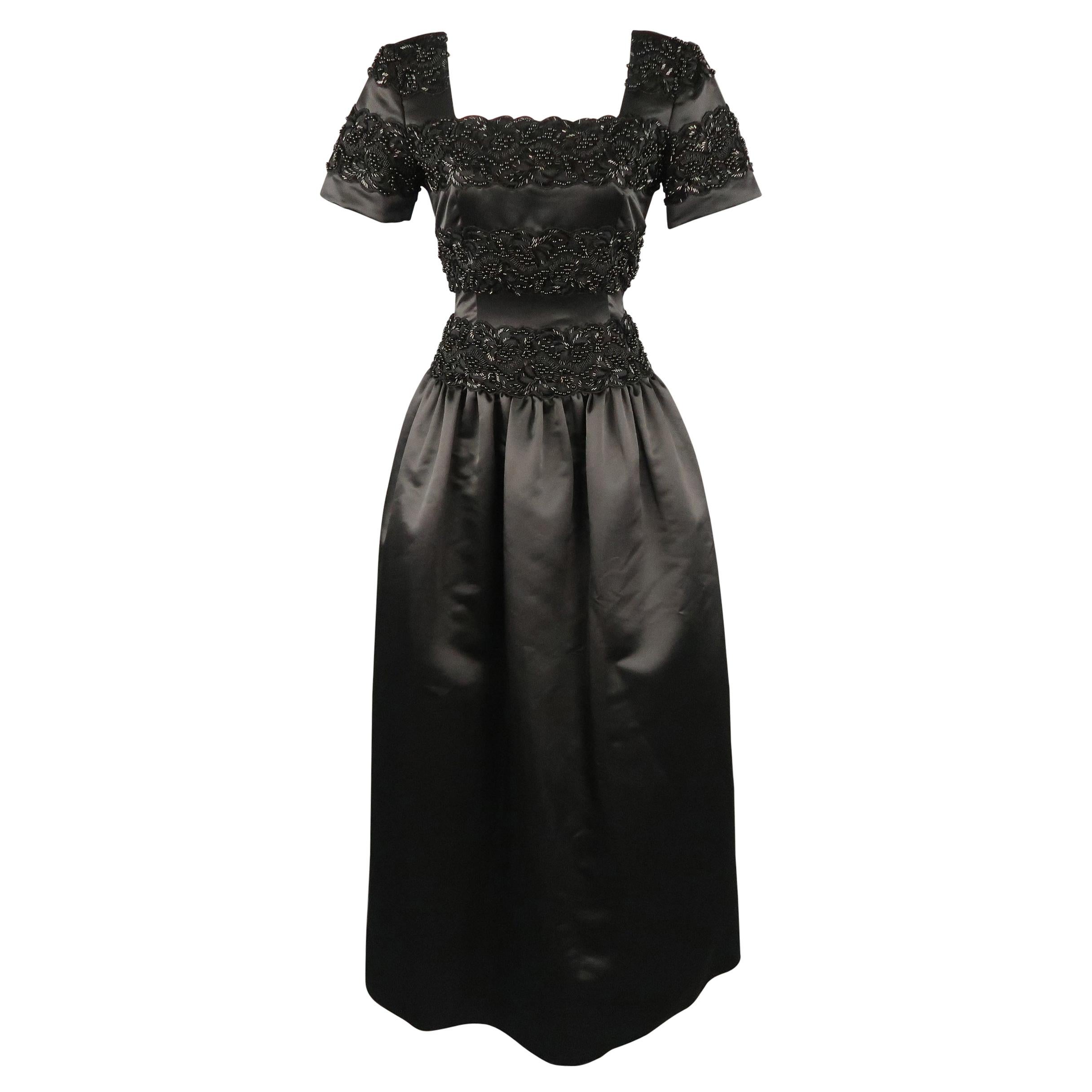 Vintage OSCAR DE LA RENTA Size 4 Black Beaded Satin Evening Gown