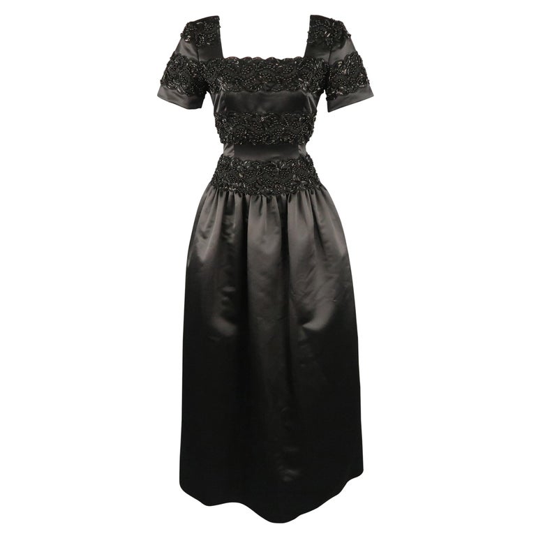 Vintage OSCAR DE LA RENTA Size 4 Black Beaded Satin Evening Gown For ...