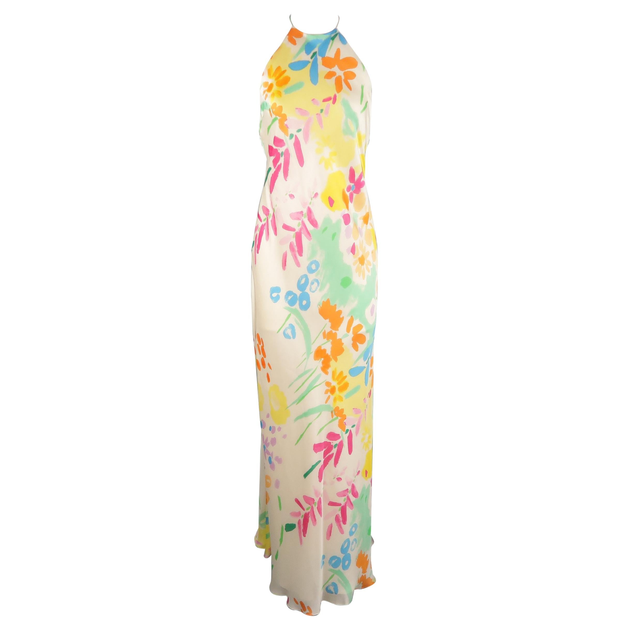 RALPH LAUREN Black Label 6 Cream Multi-Color Watercolor Floral Silk Dress Gown