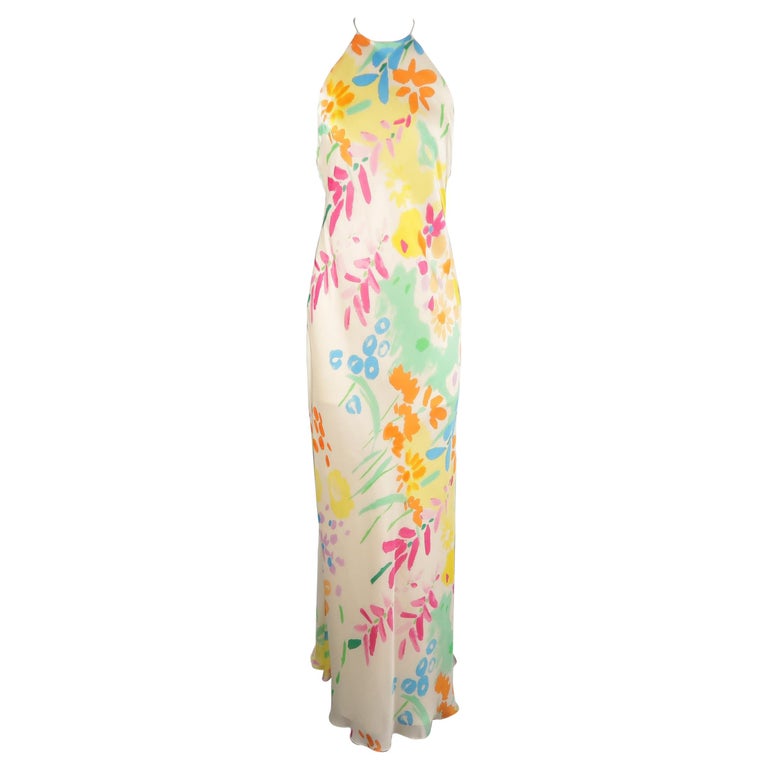 RALPH LAUREN Black Label 6 Cream Multi-Color Watercolor Floral Silk Dress  Gown at 1stDibs