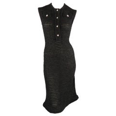 Vintage CHANEL Size 14 Black Burbout Stripe Tweed Sleeveless Pocket Dress