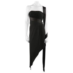 CHANEL SS 1991 Size 6 Black Silk Asymmetrical Bustier Ribbon Cocktail Dress