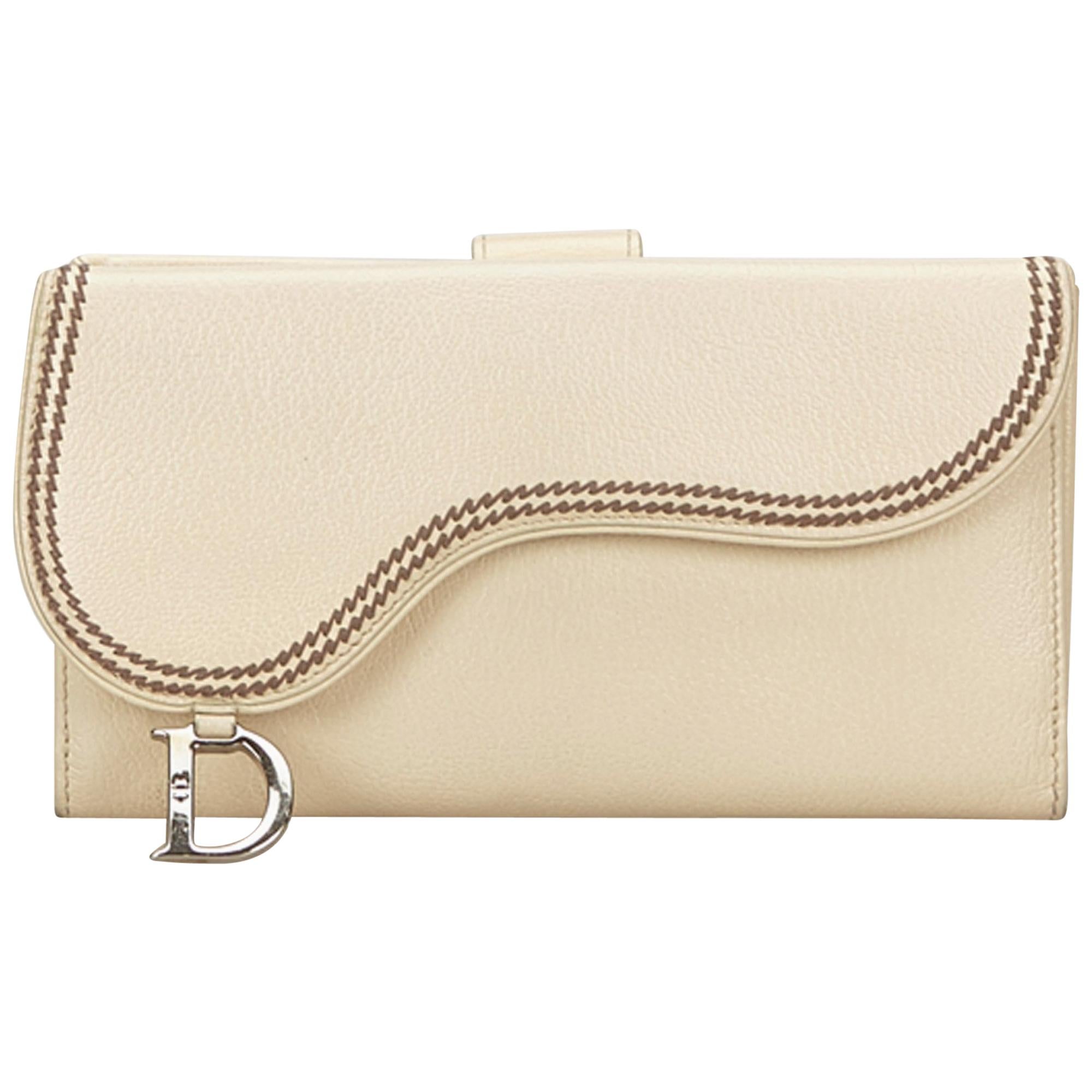 Dior White Leather Saddle Wallet For Sale