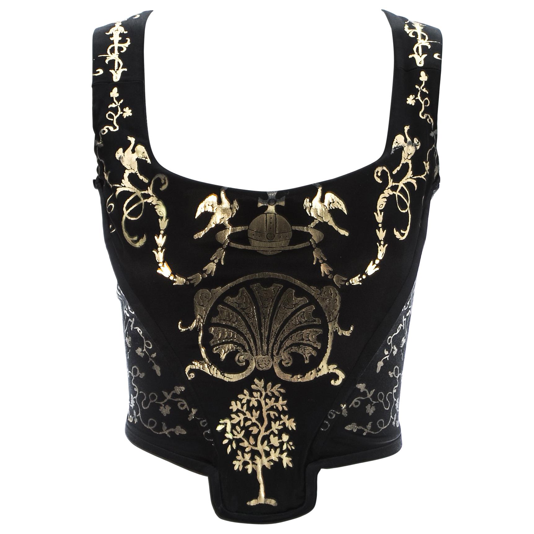 Viviene Westwood black satin corset with metallic gold motifs, fw 1990 For Sale