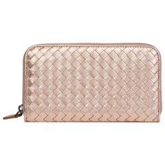 Bottega Veneta Rose Gold Woven Metallic Calfskin Leather Zip Around Wallet