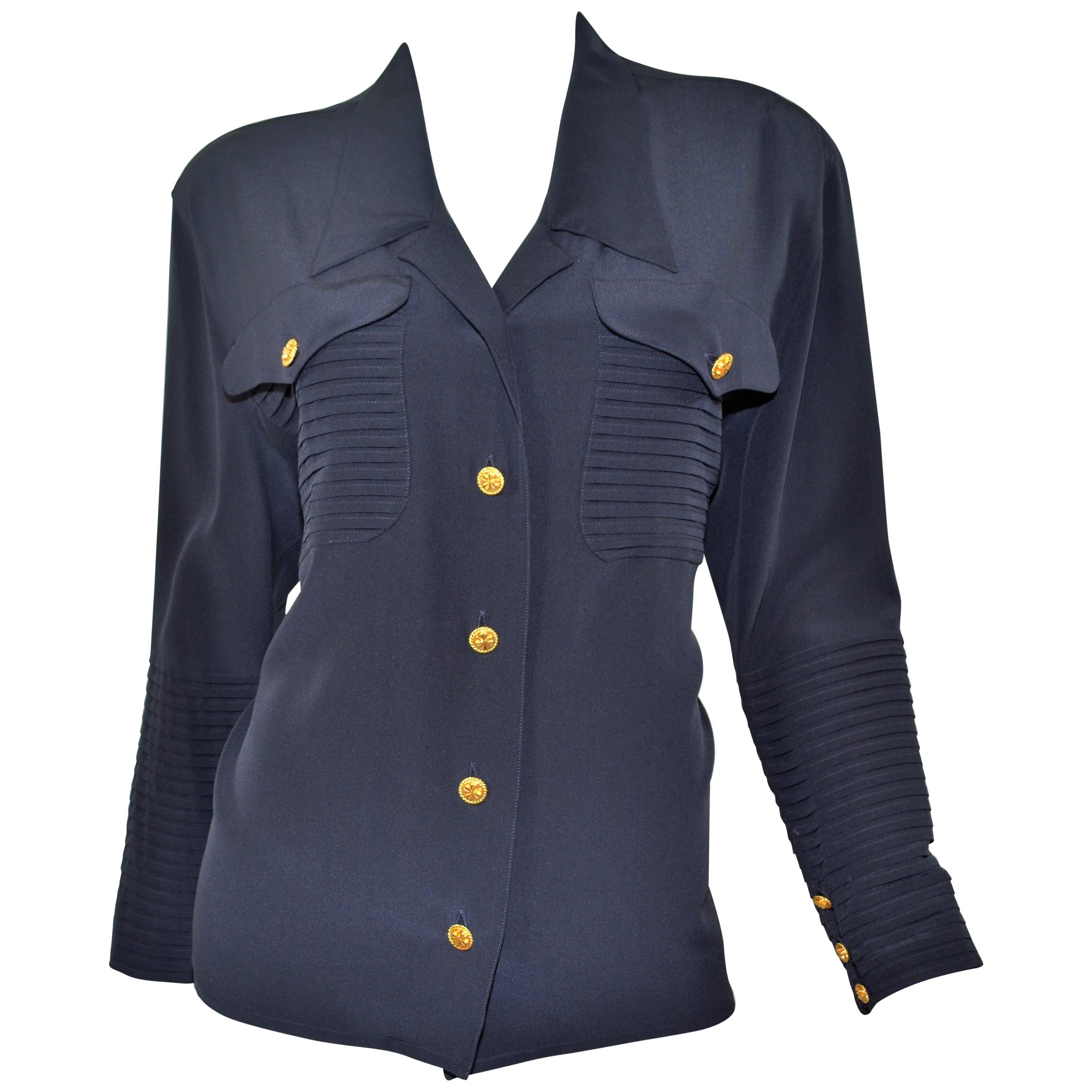 Vintage Chanel Navy Silk Blouse with Gold Clover Buttons at 1stDibs