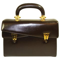 Sculptural Deep Brown Leather Handbag With Asymmetrical Closure Rare 