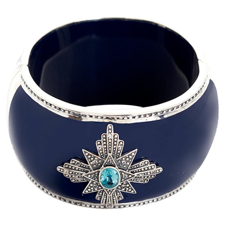Miriam Salat Blue and White Topaz Medallion Cuff in Navy Resin and Sterling Silv For Sale