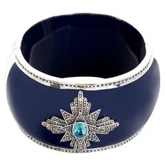 Miriam Salat Blue and White Topaz Medallion Cuff in Navy Resin and Sterling Silv