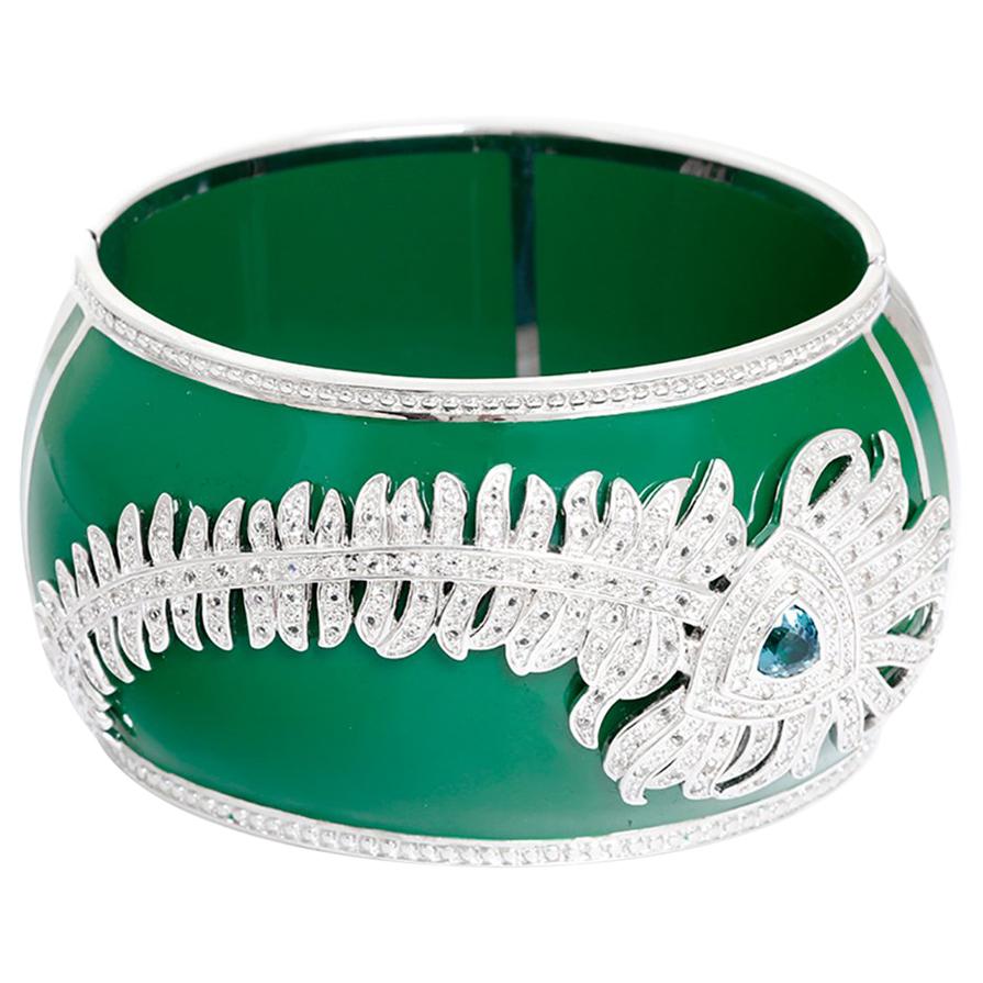 Miriam Salat Peacock Topaz, Sterling Silver, and Green Resin Cuff Bracelet For Sale