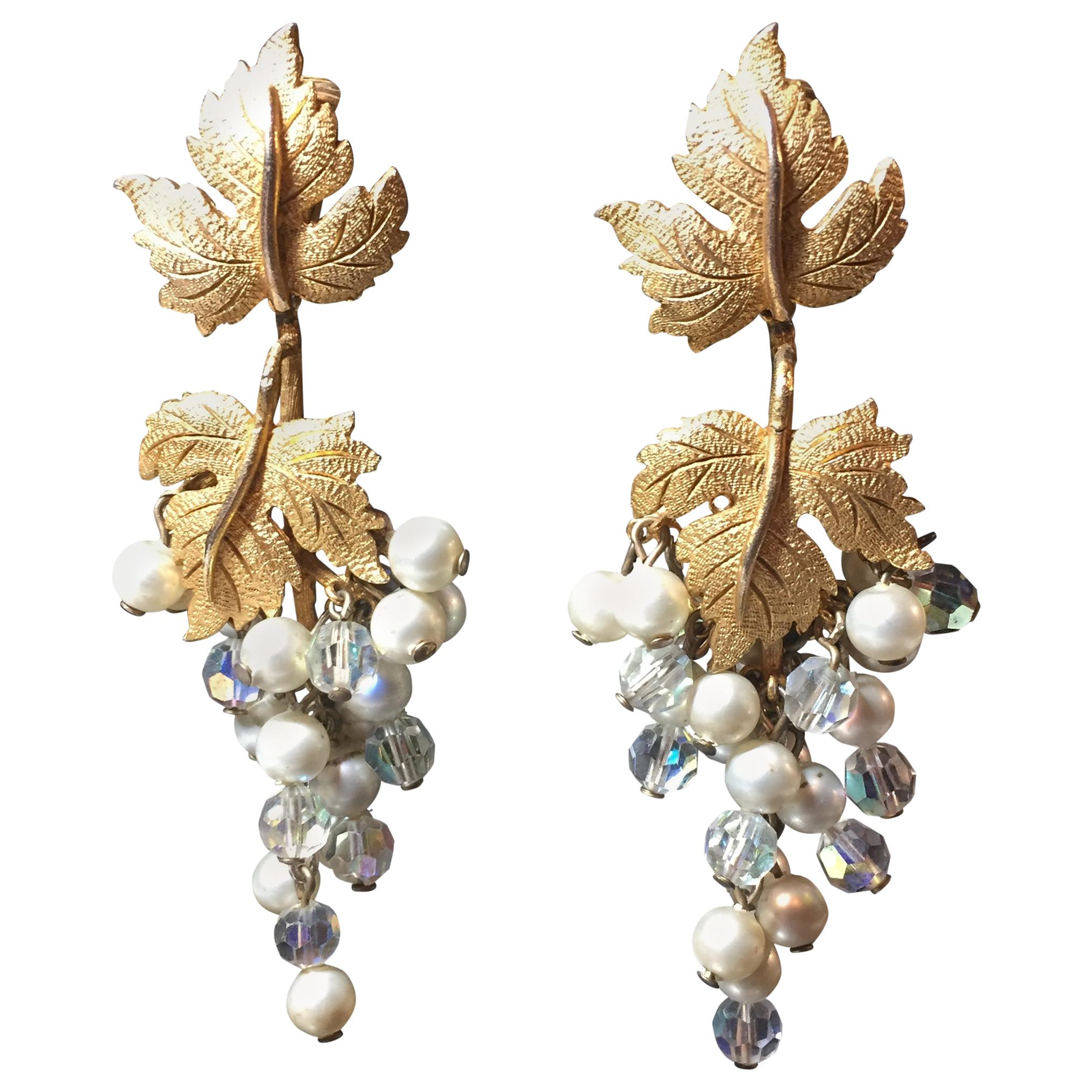 Mid-Century Pearl & Crystal Grape Motif Dangling Earrings, 1950s For Sale