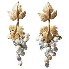 Retro Mid-Century Pearl & Crystal Grape Motif Dangling Earrings, 1950s