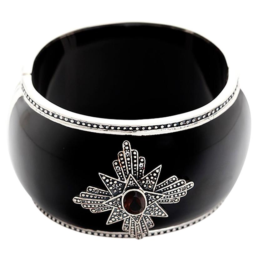 Miriam Salat Brown and White Topaz Medallion Cuff in Black Resin and Sterling Si For Sale
