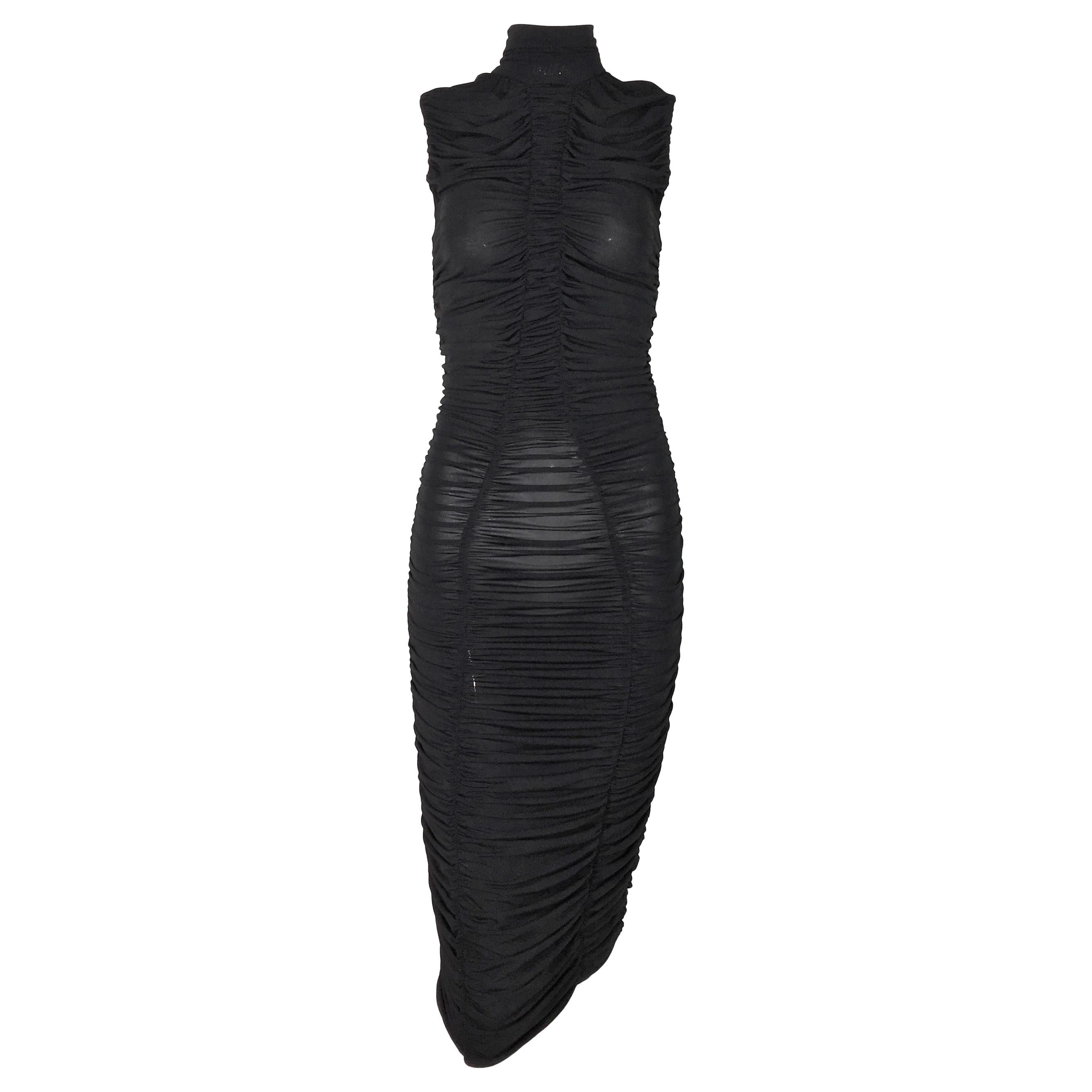NWT F/W 1995 Dolce & Gabbana Semi-Sheer Black Ruched Wiggle Pin-Up Dress