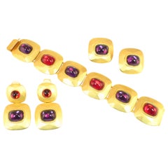 Mid-Century Gem-Craft Hammered Gold Jewel-Tone Day & Evening Bracelet & Earrings