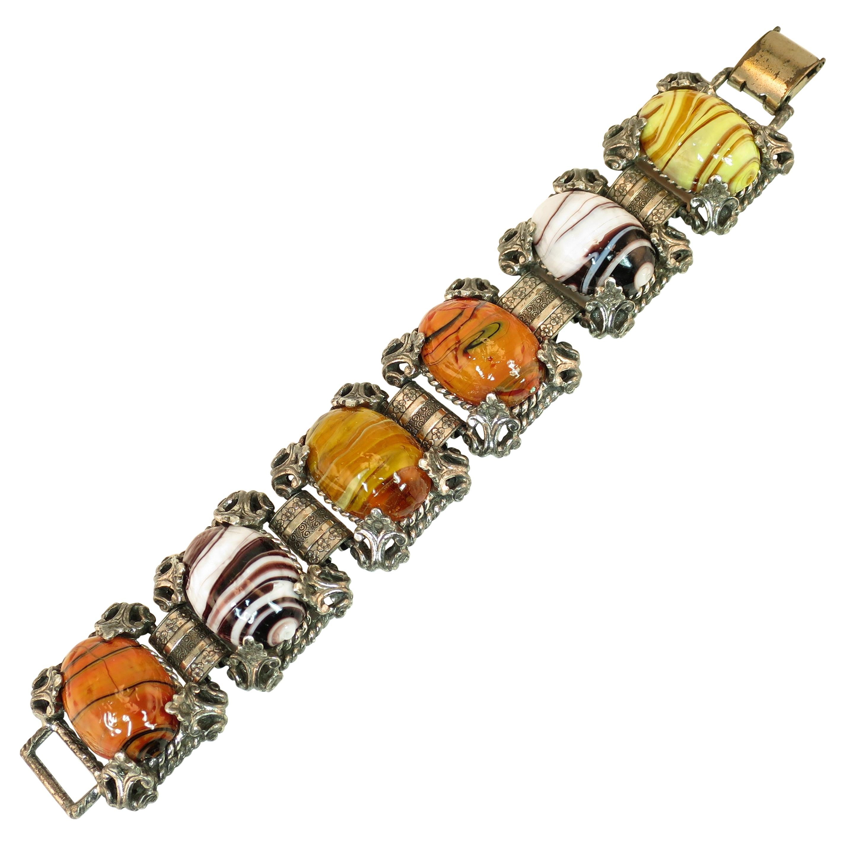 Mid-Century Selro Agate Art Glass Florentine Link Bracelet, 1950s For Sale
