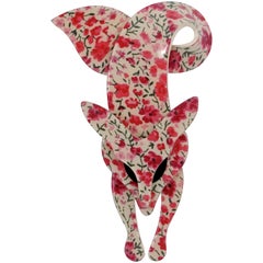 Lea Stein Pink Red and Black Liberty Flower Print Cream Fox Brooch
