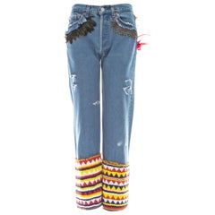 Vintage Gucci by Tom Ford blue denim beaded slim-fit jeans with feathers, ss 1999