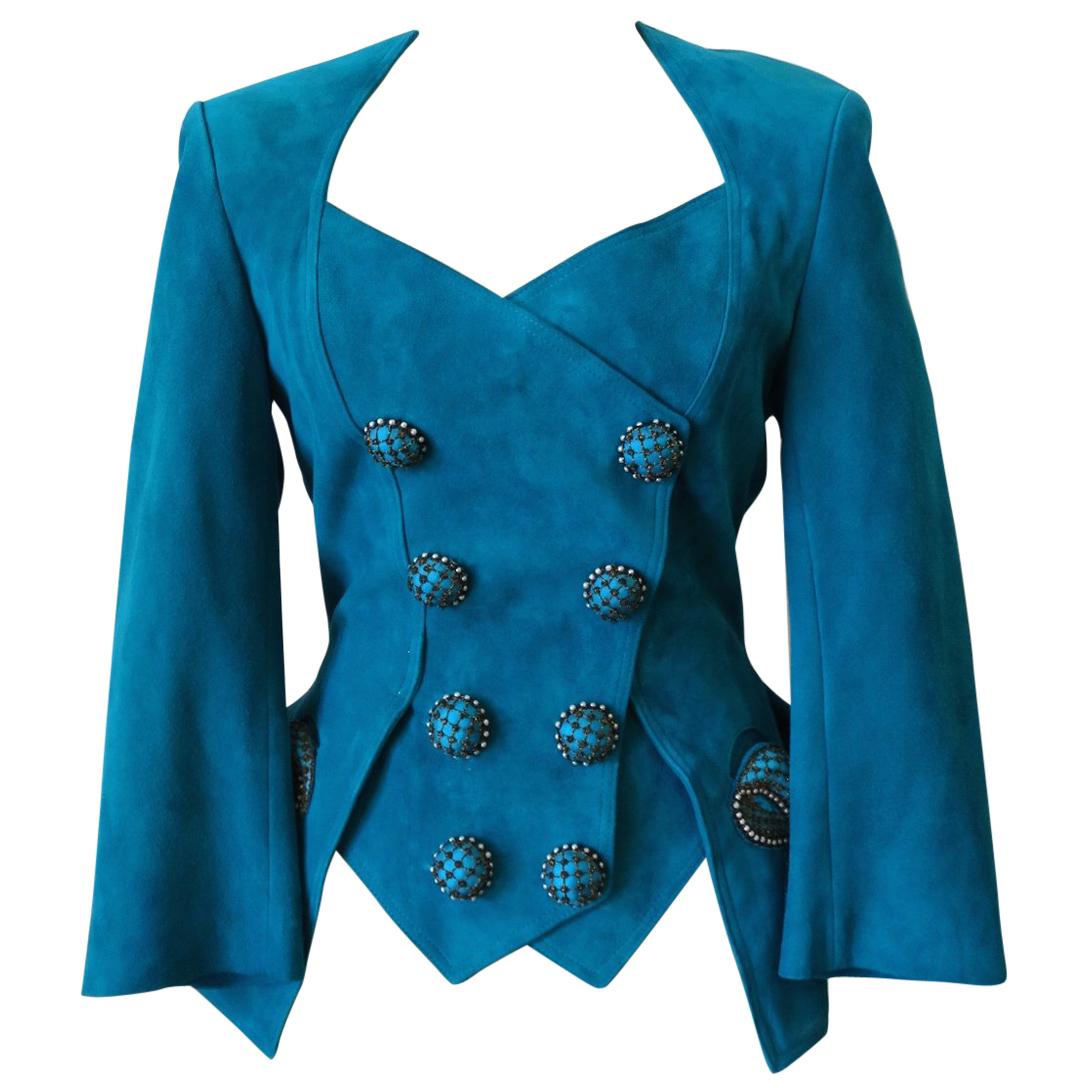 Jean Claude Jitrois 1980s Embellished Teal Leather Blazer