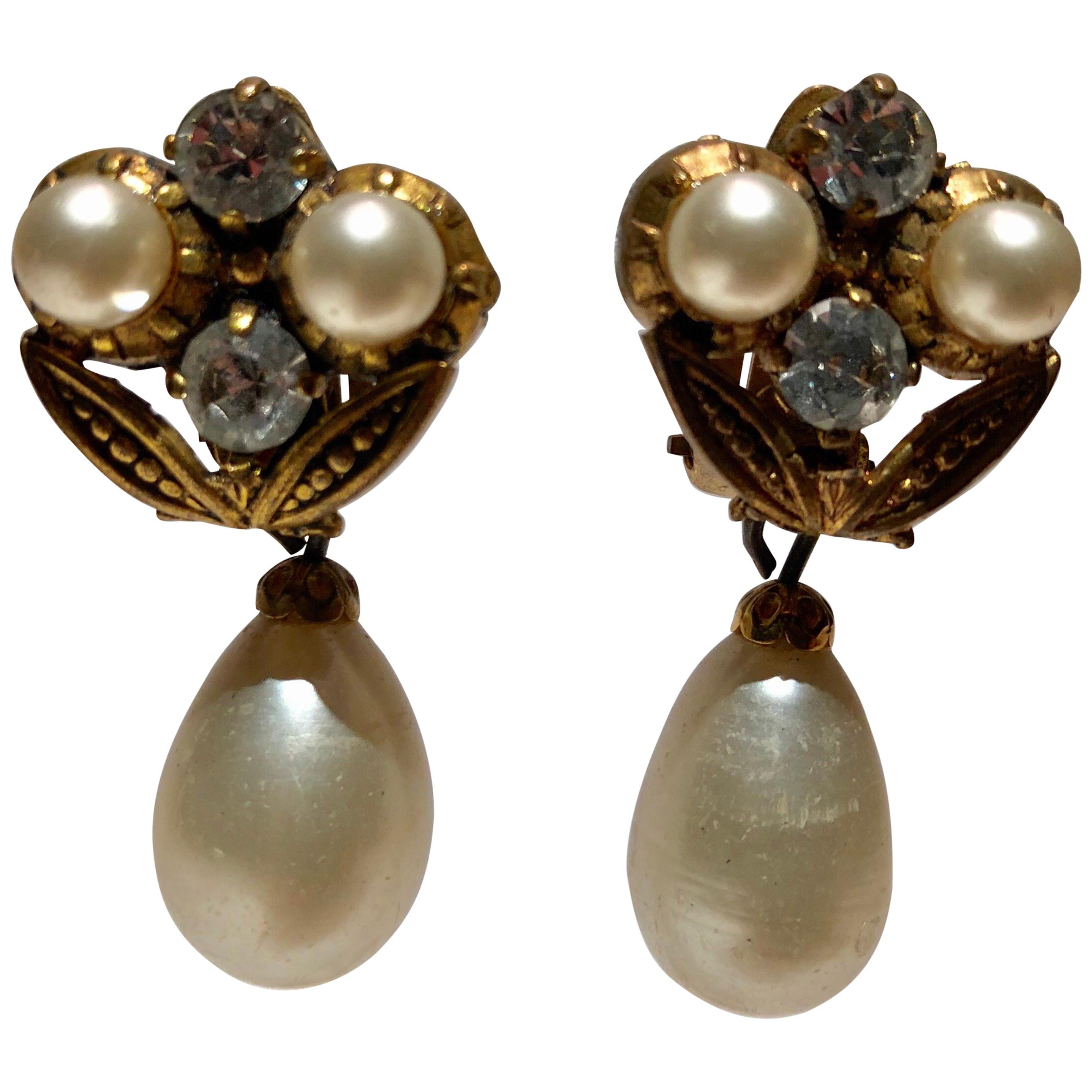 Vintage Coco Chanel Baroque Pearl Diamanté Statement Earrings 