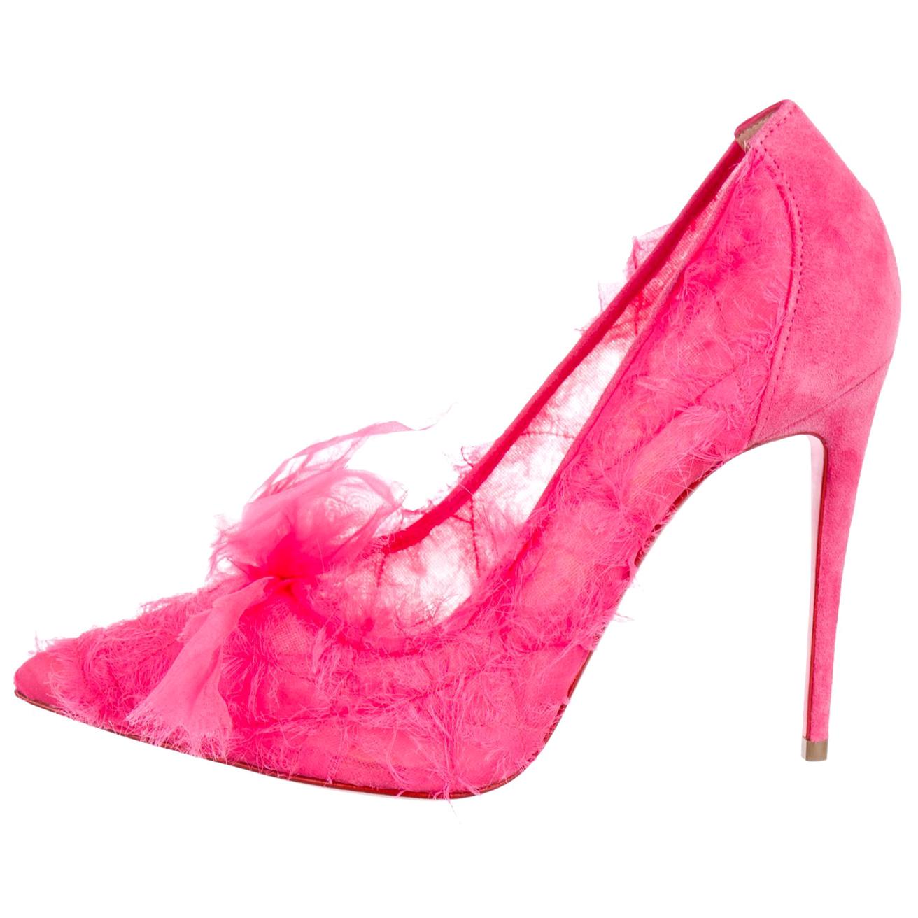 Christian Louboutin NEW Pink Suede Woven Chiffon Evening Heels Pumps in Box