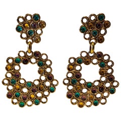 Vintage Architectural Honeycomb Emerald and Garnet Statement Earrings 