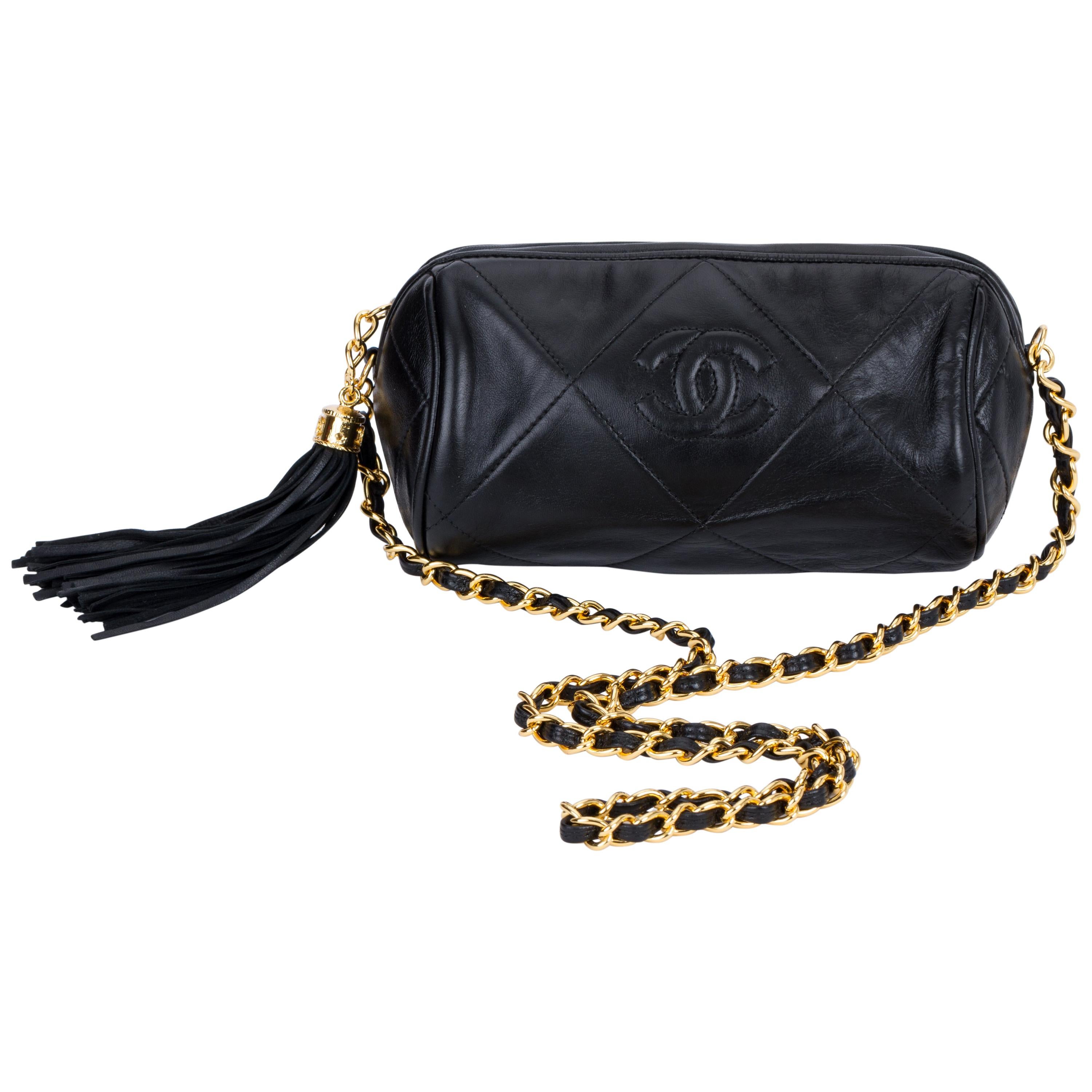 Chanel Vintage 1990's Black Leather Tassel Evening Bag at 1stDibs