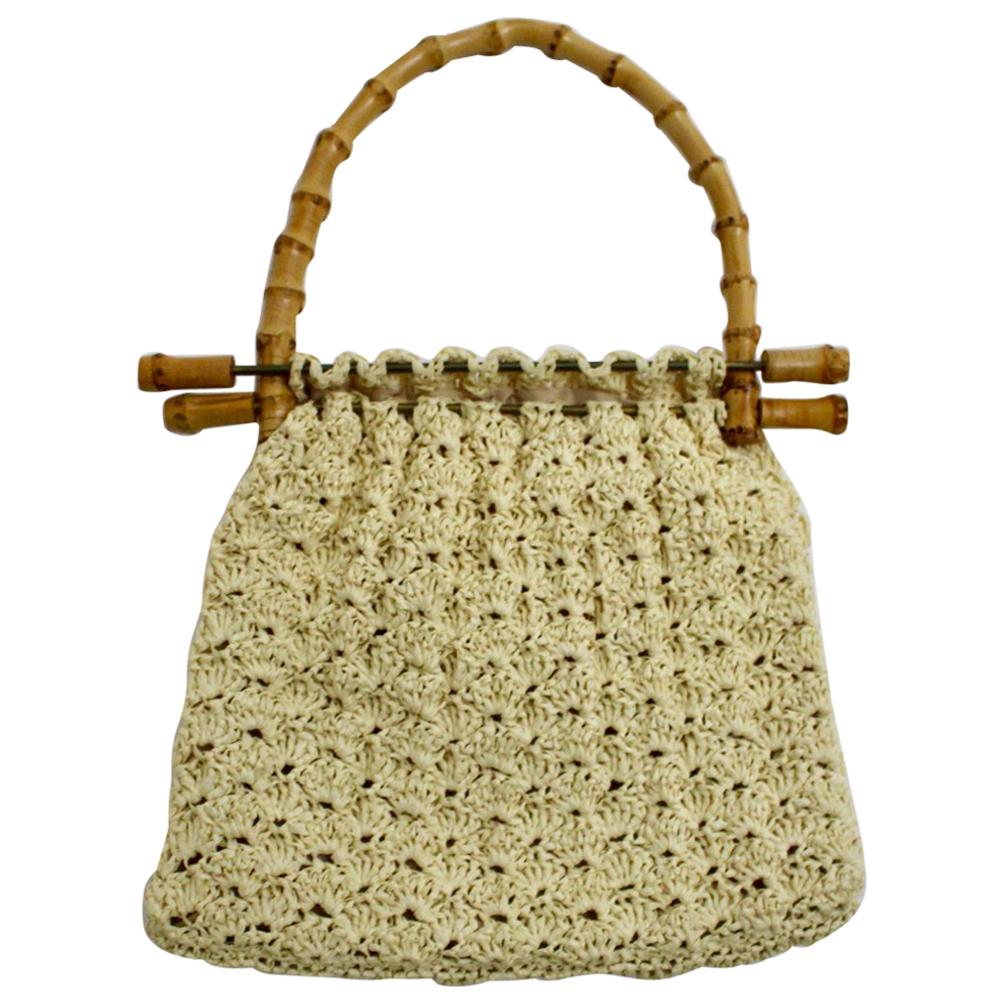 Off White Vintage Crochet  Bamboo Handle Bag 1960s Italy For Sale