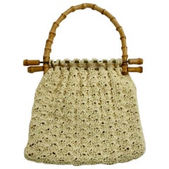 Off White Retro Crochet  Bamboo Handle Bag 1960s Italy