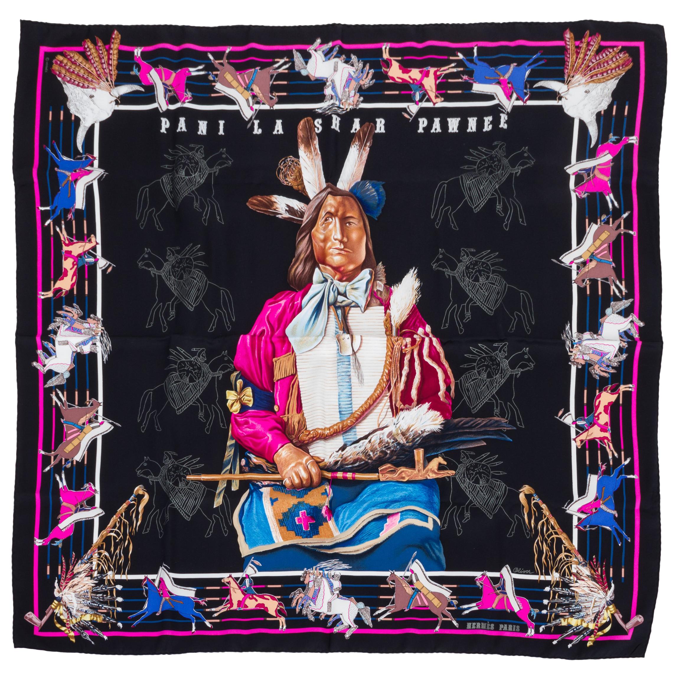 Hermes Pani La Shar Pawnee Black Pink Silk 90cm Scarf, Box 
