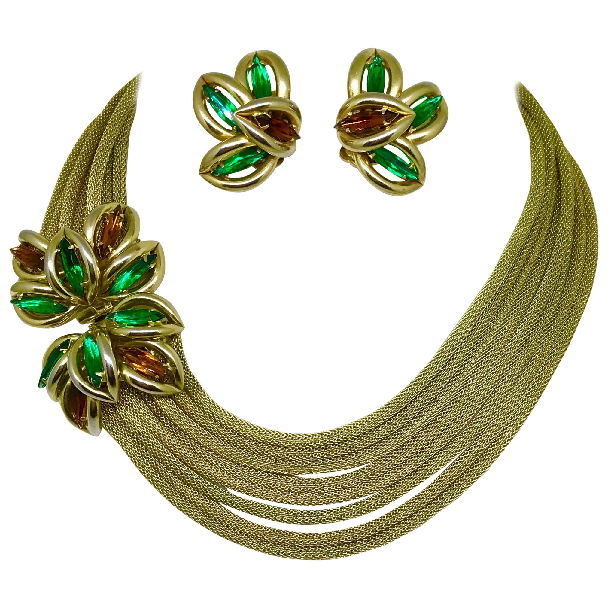 Circa 1960s Green and Topaz-Yellow Marquis Torsade Necklace And Earring Set For Sale