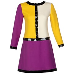 Vintage Courrèges Wool Color Block Patent Leather Mondrian Mini Dress, 1960s