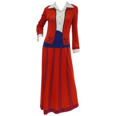 1970s Roberta di Camerino Red Tromple L'oeil Ensemble Maxi Dress 