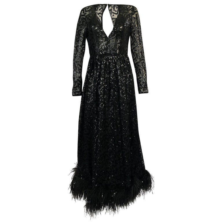 1960s Bill Blass Glossy Sequin on Silk Chiffon and Feather Hem Dress ...