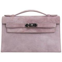 Hermes Kelly Pochette Lilas Doblis Suede Palladium