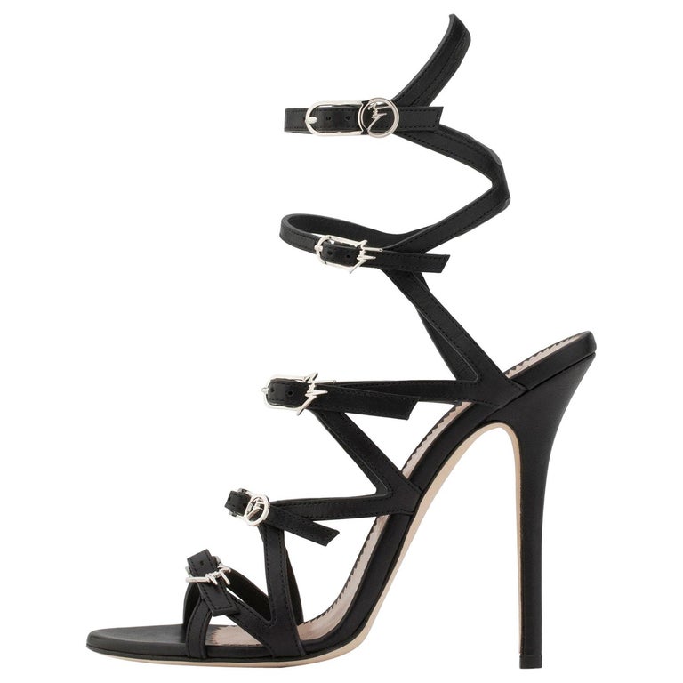 Giuseppe Zanotti NEW Black Strappy Leather Logo Evening Sandals Heels ...