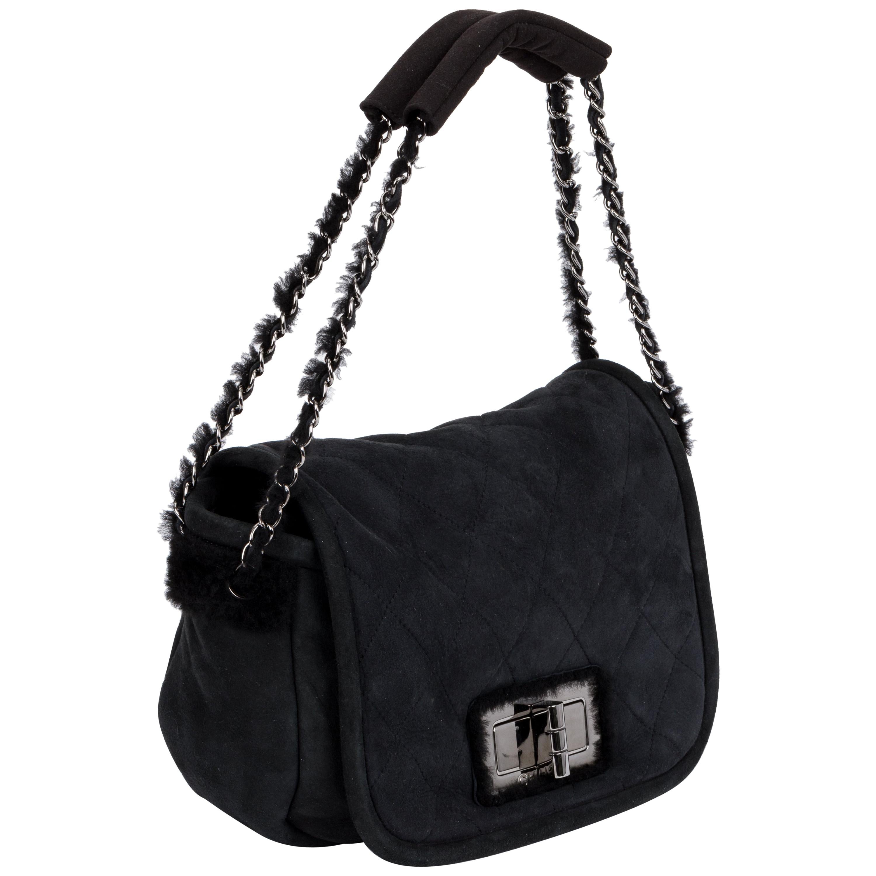Chanel Black Shearling Suede Shoulder Bag