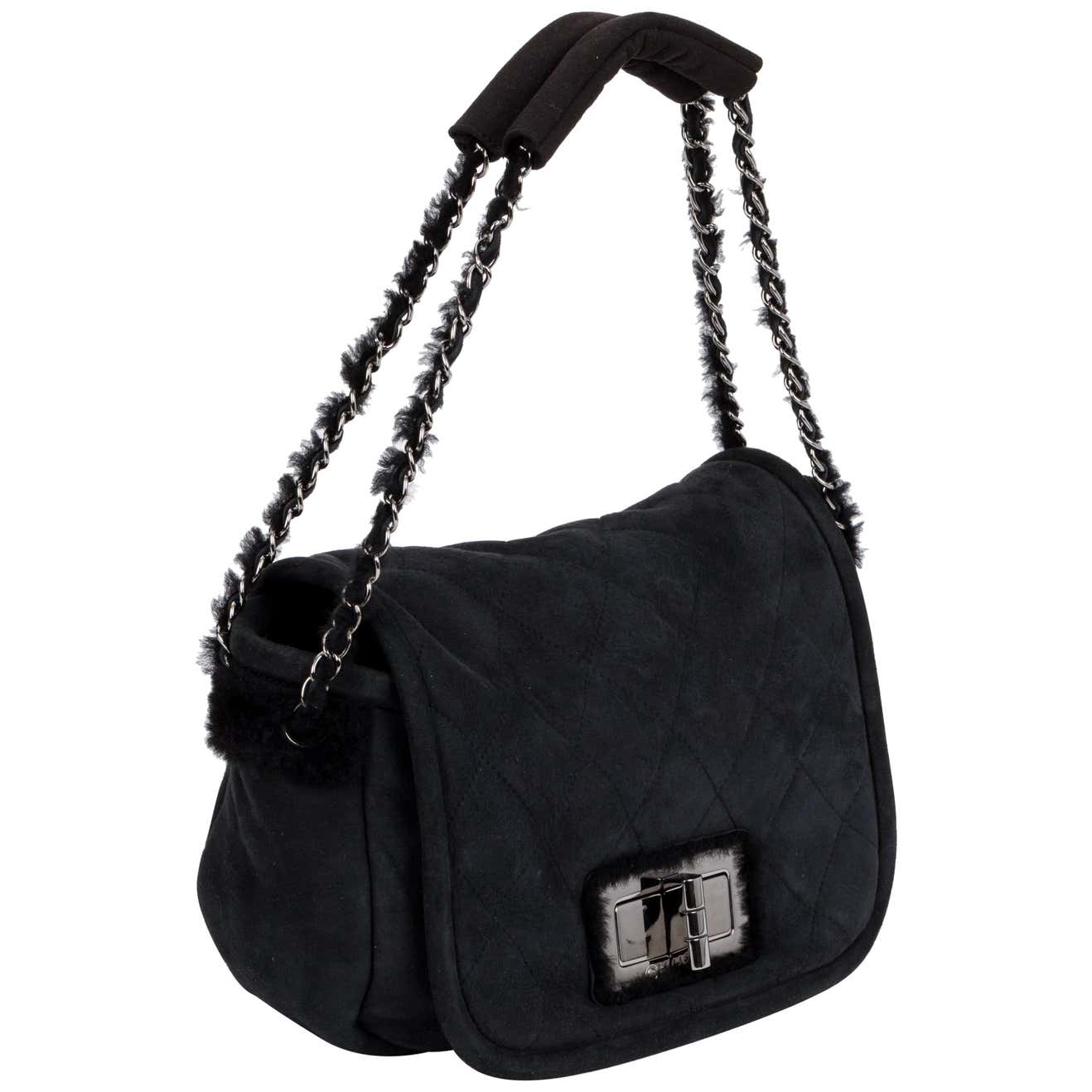 Chanel Black Shearling Suede Shoulder Bag For Sale at 1stDibs